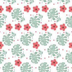 Seamless pattern. Monstera leaf and hibiscus pattern. Summer seamless background for wrapping paper, wallpaper, and surface design. Vector illustration