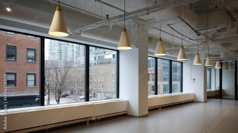 Poster a row of pendant lights casts a warm golden glow in a contemporary loft, enhancing the space's invit