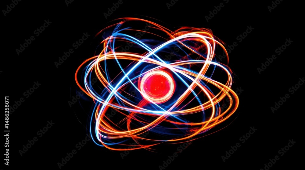 Poster a glowing atom model displaying a bright red nucleus with dynamic blue and orange energy trails wrap