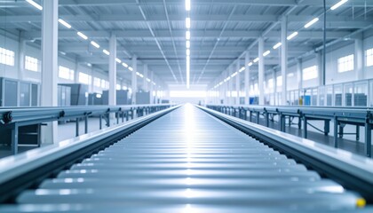 Obraz premium Expansive Refrigerated Warehouse with Conveyor Belts in Morning Light