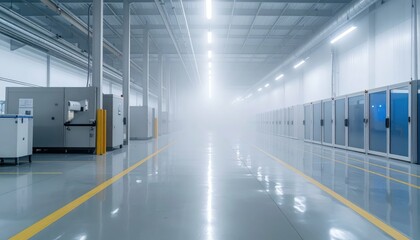 Sprawling Refrigerated Warehouse with Fog in a Quiet Atmosphere