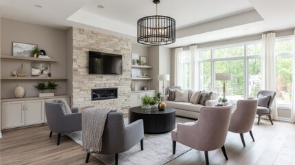 Fototapeta premium Cozy family room features plush armchairs, a knitted throw, and a glowing fireplace, ideal for relaxing evenings with loved ones and warmth