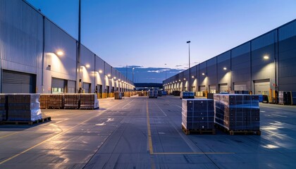 Sprawling Refrigerated Warehouse with Stacked Pallets at Dusk