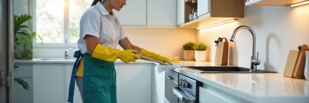A diligent maid service efficiently cleans a modern kitchen, sparkling countertops and appliances gleam The scene conveys professionalism and thorough cleaning , maid, spotless, efficiency