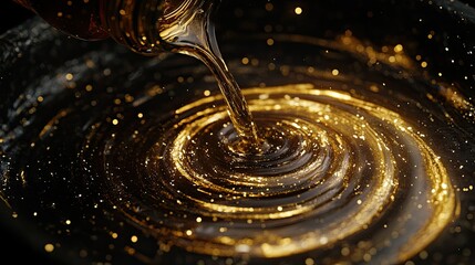 A mesmerizing 3D render of a bottle of oil being poured into a glass on a dark background,