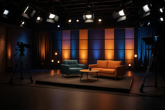 Modern TV Studio Set with Vibrant Lighting for Talk Show or Variety Program Filming, Featuring Contemporary Furniture and Professional Equipment in a Dynamic and Captivating Setup