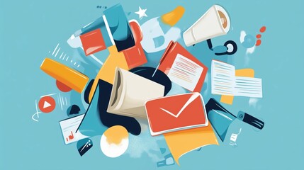 Creative workspace filled with colorful letters, documents, and digital devices on a blue background showcasing productivity