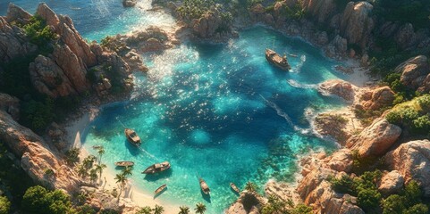 Fototapeta premium Coastal paradise bay, dotted with antique ships.