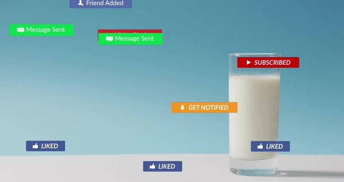 Transparent glass holding milk showing social media notifications floating over teal-blue gradient