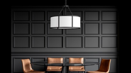 Elegant Dining Room Interior with Modern Lighting Fixture, Black Wall Paneling, and Stylish Furniture.