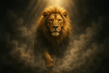 Majestic Lion Emerges in Divine Light and Mystical Smoke as Symbol of Strength and Wisdom