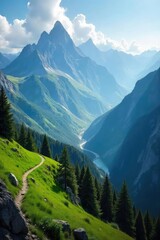 Fototapeta premium Epic mountain vista with towering peaks, lush green valleys, and a winding trail disappearing into the distance Perfect for travel, adventure, and nature themes , summit, wanderlust