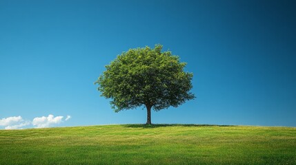 Lone green tree on grassy hill under clear blue sky in summer daylight.