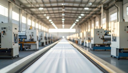 Obraz premium Sprawling Textile Warehouse with Packaging Machines in Morning Light