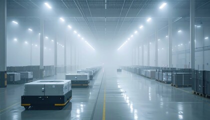 Expansive Storage Facility Featuring Robotic Pickers in Misty Atmosphere