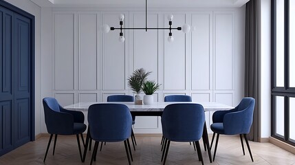 Elegant Dining Room with Marble Table, Blue Velvet Chairs, Modern Lighting Fixture, and Interior Design Details.