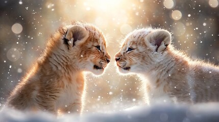 Two lion cubs face each other in a snowy outdoor setting with blurred background lighting!
