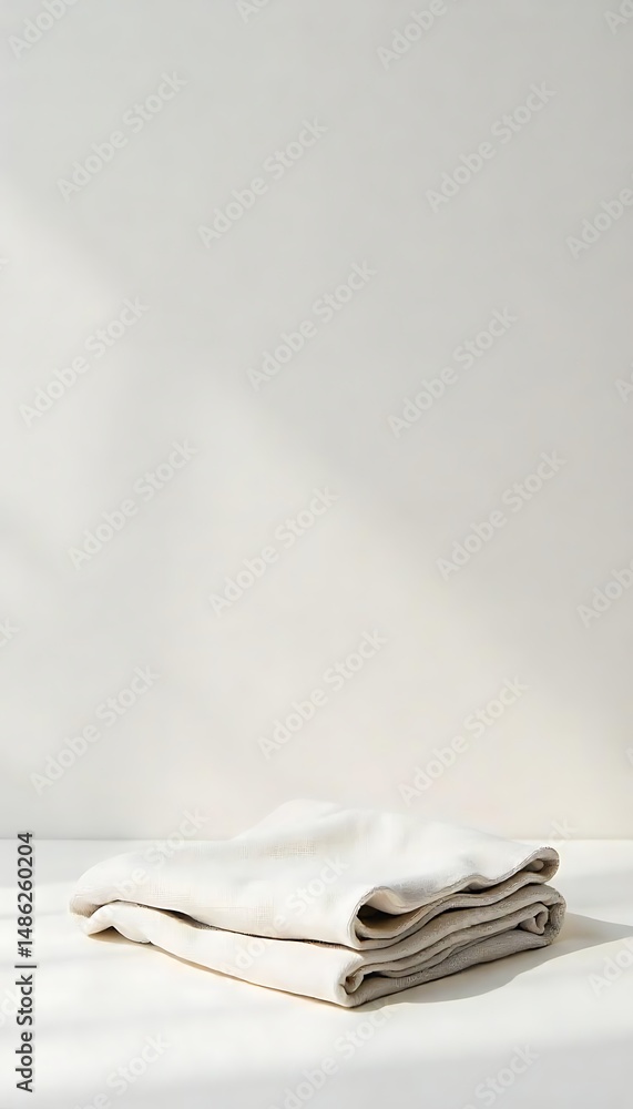 Aufkleber generative ai image of a neatly folded neutral linen stack under sunbeams