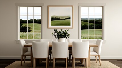 Elegant Dining Room with Neutral Tones, Wooden Table, White Chairs, Natural Light, and Serene Landscape Artwork.
