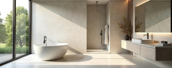 Sleek minimalist bathroom with freestanding bathtub, rainfall shower, and large mirror Modern design features neutral tones and natural light for a serene atmosphere , interior design, plumbing