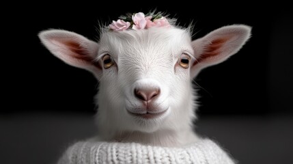 A goat wearing a floral wreath for an Easter photoshoot