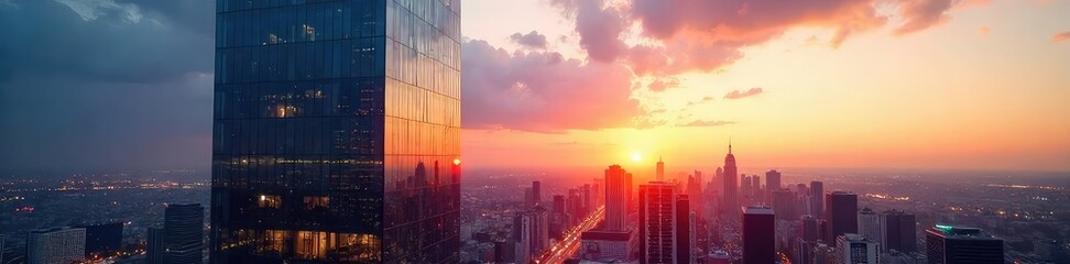 Fototapeta premium Sleek modern glass skyscraper office building reflecting the city skyline at sunset Perfect for corporate, real estate, and architecture projects , geometric, contemporary