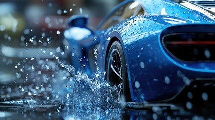 A sleek blue car emerges from water,