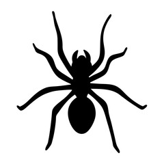 Black Silhouette of Spider with Eight Legs and Body, Solid black silhouette of a spider with eight legs and detailed body, representing arachnids, nature, and creepy creatures.
