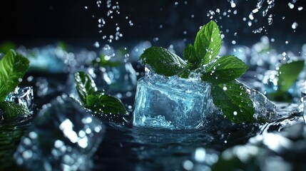 A close-up image featuring fresh green mint leaves intertwined with ice cubes,
