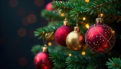 Sparkling Christmas tree ornaments on a decorated branch , conifer, purple, holiday