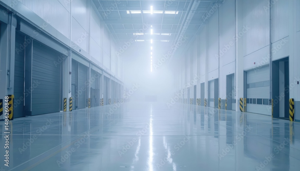 Poster sterile automated warehouse with fog rolling and loading docks