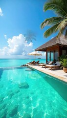 Fototapeta premium Sun-drenched beach, crystal-clear turquoise water, luxurious private villa with infinity pool overlooking the ocean Perfect tropical getaway escape , mediterranean, luxury travel