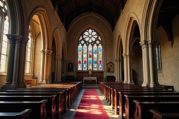 Fototapeta premium Historic English church, stained glass, peaceful scene, religious architecture , peaceful, prayer