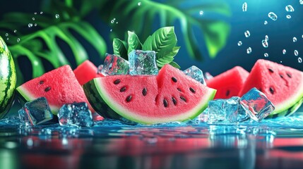A vibrant slice of watermelon surrounded by splashes of water and ice cubes,