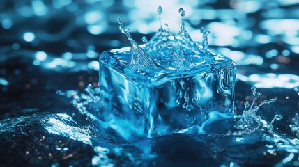 A melting ice cube sits on a smooth, reflective surface, surrounded by droplets of water.