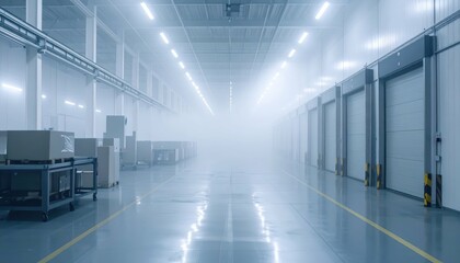 Obraz premium Sterile Automated Warehouse with Packing Stations and Fog Effects