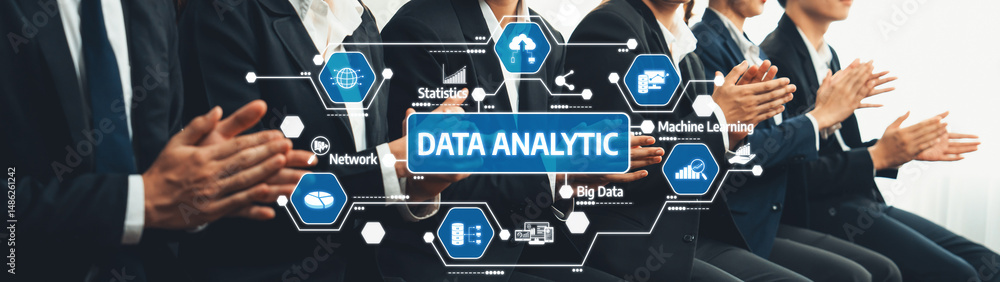 Poster data analytics integration in business environment with professionals applauding for successful pres