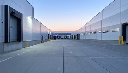 Obraz premium A Quiet Moment in a Sterile Warehouse with Packing Stations at Dusk