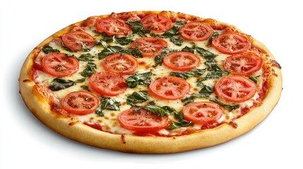 A freshly made pizza topped with sliced cherry tomatoes,
