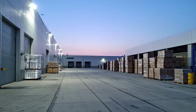 Sterile Storage Warehouse at Dusk with Stacked Pallets in View
