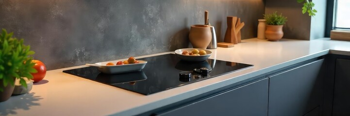 A sleek, modern kitchen countertop with a built-in induction stovetop, ready for cooking Stainless steel accents and a clean, minimalist design Perfect for culinary backgrounds , appliance, design