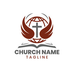 Modern Church Logo Template With Cross, Globe, Wings And Book Design