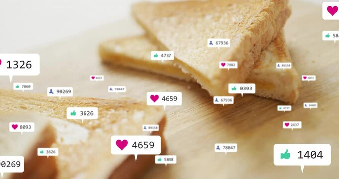 3D render showing triangular toast slices floating on wooden board while reaction icons hovering