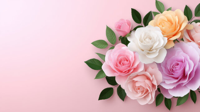 A beautiful arrangement of delicate roses in pastel shades of pink, peach, white, and lavender with green leaves is displayed on a soft pink background. - Powered by Adobe
