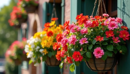 Vibrant overflowing hanging baskets brimming with colorful flowers , summer, spring flowers