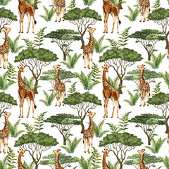 Tropical seamless pattern with tropical leaves, giraffes and trees. Summer jungle background. Watercolor pattern with giraffes