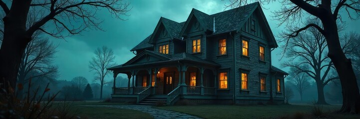 A terrifyingly realistic scream house facade, complete with cobwebs, broken windows, and ominous shadows Perfect for Halloween, horror, and haunted house themes , phantom, dread, terrifying