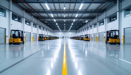 Fototapeta premium Large Distribution Center with Pallet Jacks Under Fluorescent Lights