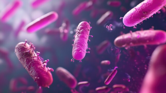 Microscopic view of pink bacteria suspended in space with soft lighting