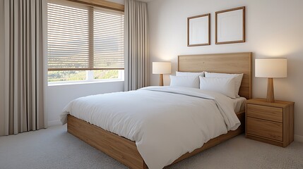 Minimalist Bedroom Interior: Clean Wooden Bed Frame, White Bedding, and Natural Light Accenting Tranquil Modern Living Space.